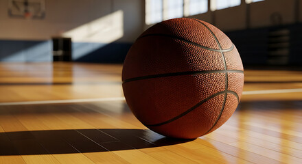 Basketball sits on polished wooden court inside a gymnasium, light streaming through windows creating long shadows, evoking a sense of anticipation and athletic spirit.