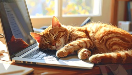 An adorable ginger cat sleeping peacefully on a laptop keyboard in a sunlit room