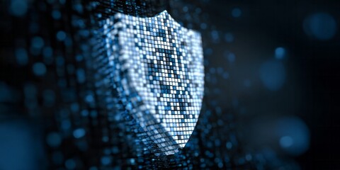 Digital shield composed of glowing blue mosaic pixels represents data protection concept