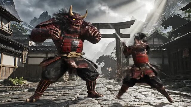 Samurai warrior battles fierce oni in ancient village