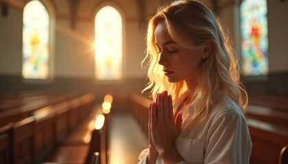 Young woman prays with hands together inside church illuminated by sunbeams. She has eyes closed in quiet contemplation, seated near stained glass windows. Faith and devotion.