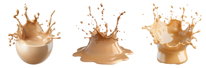 Three dynamic splashes of a creamy beverage, captured mid-air, creating a visually stunning display