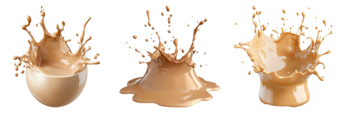 Three dynamic splashes of a creamy beverage, captured mid-air, creating a visually stunning display