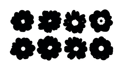 Collection of eight simple black and white abstract flower illustrations with white centersg.