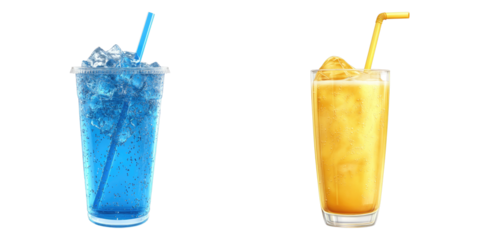 Refreshing icy blue drink and yellow smoothie in glasses with straws 