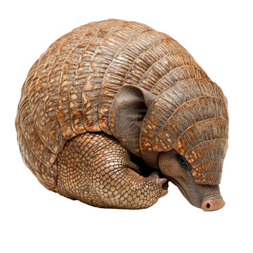 A three-banded armadillo curled up on a white background.