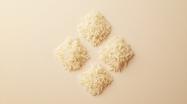 Creative arrangement of rice grains forming a triangular shape on a beige background. unique food art showcases the beauty of simple ingredients in an eye-catching and artistic way.