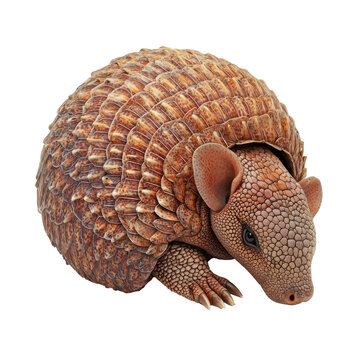 A three-banded armadillo sitting on a white surface with its head and front legs visible.