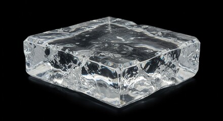 Solid block of clear, fractured frozen water rests on a dark surface