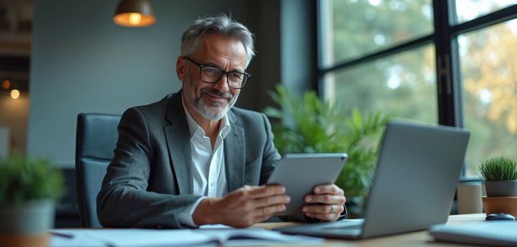 Smiling mature businessman uses tablet at desk with laptop. Man in office works on digital device, does research, manages projects. Workplace with modern tech and green plant.
