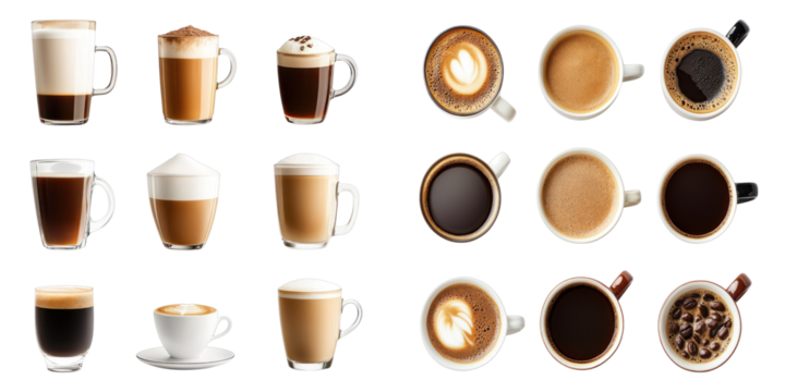 Variety of coffee cups presented, showcasing different beverages 