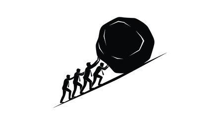 Teamwork and struggle depicted with people pushing a large boulder uphill © MALA