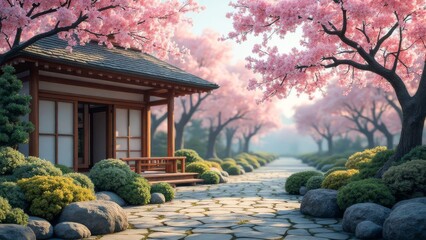 Tranquil scene of a japanese style house amidst vibrant cherry blossoms
