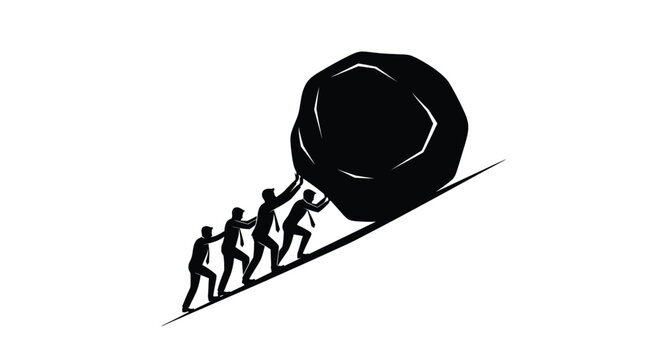 Teamwork and struggle depicted with people pushing a large boulder uphill