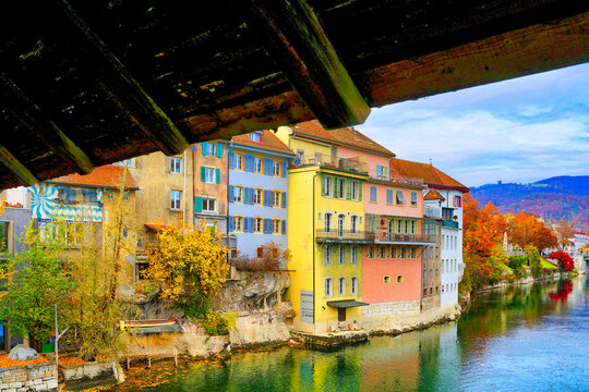 Olten, Switzerland, old town and Aare River from wooden bridge