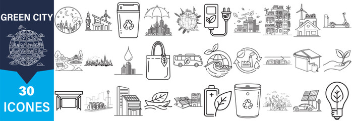 A grid of 30 hand drawn line art icons representing green city concepts and eco friendly themes in a distinctive silhouette style.