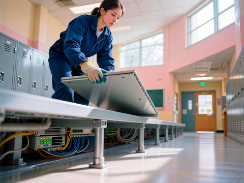 Technician installing a raised floor panel in a data center server room.