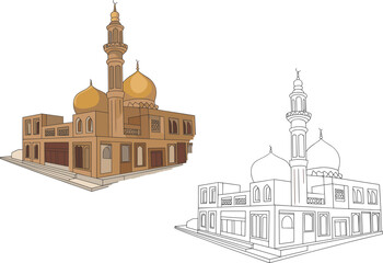 Vector illustration of mosque with golden domes and minaret shown in both detailed color version and simplified architectural line drawing