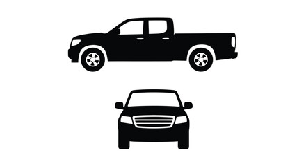 Black silhouette of a pickup truck and front view of a car