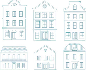 Vector illustration of six architectural buildings with diverse styles including pediments, balconies, domes, arched doors, and symmetrical facades