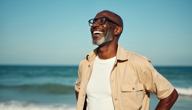 Joyful senior African American man laughs happily on a sunny beach. He wears glasses, a beige shirt. Elder guy enjoys the ocean view, feels relaxed and content during his summer vacation day.