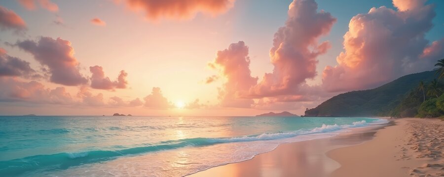 Tropical beach seascape with calm turquoise ocean waves and sandy shore. Lush green mountain hill with palm trees meets coastline under soft pastel sunrise sky and clouds. Peaceful paradise.