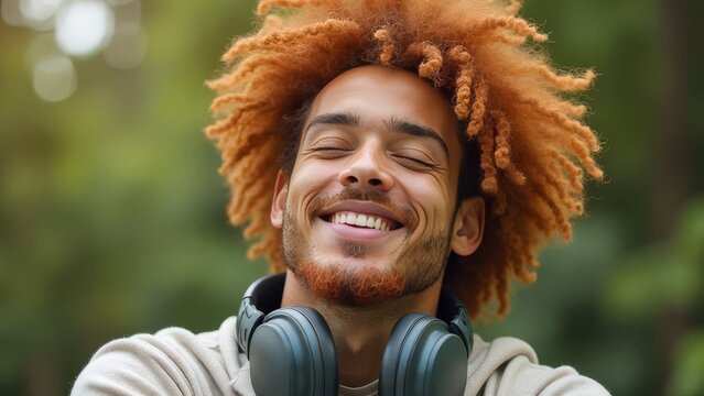 Smiling person with headphones enjoying sunlight with eyes closed in a natural setting
