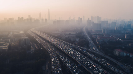 Aerial view of massive city traffic congestion during sunset covered in dense smog and haze, symbolizing pollution, urban density and modern infrastructure. Generated with AI 