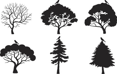 Vector illustration of six black tree silhouettes with perched birds, diverse canopy shapes, branch structures, and artistic foliage styles