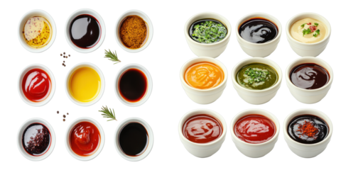 A culinary delight of assorted sauces and seasonings in small bowls, showcasing a vibrant array of flavors and textures