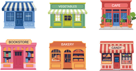 Vector illustration of six colorful storefronts including dairy, vegetables, café, bookstore, bakery, and candy shop with signage and displays