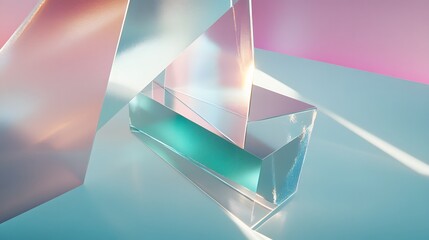 Transparent geometric shapes refract light across pastel surfaces creating abstract reflections