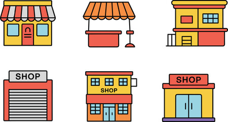 Vector illustration of six colorful storefronts including market stall, garage shop, two-story buildings, striped awnings, and urban retail facades