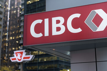 Obraz premium close-up of CIBC branch sign at 100 University Av, located on the southwest corner of University Av and King St W in Toronto