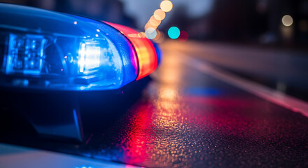 Police car flashes emergency lights on wet city street at night during patrol, creating dramatic and urgent scene.