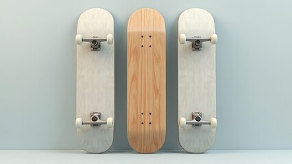 Three skateboards leaning against a pale blue wall studio shot