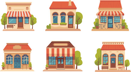Vector illustration of six colorful storefronts with awnings, trees, benches, outdoor seating, and stylized small business architecture