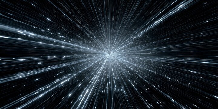 Brilliant streaks of light rush forward through infinite darkness at high speed