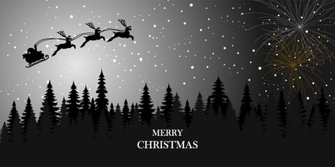 Santa Claus flies on Christmas Eve in the night sky with snow in red background