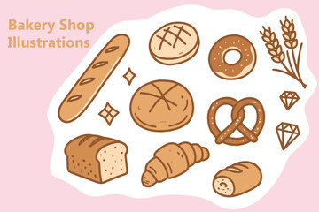 Bakery shop vector illustration with different kind of bread. Includes loaf, croissant, pretzel, donut, bun, baguette and wheat. Isolated on pink background.