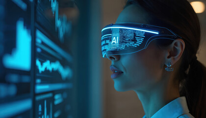 Businesswoman uses VR glasses to analyze data. Studies financial charts with AI interface. Innovation in tech. Smart technologies help in modern business. Concept of digital workspace. Visualized