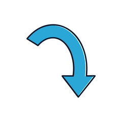Blue downward curving arrow icon illustration