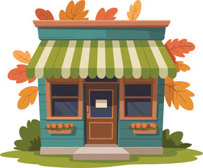 Vector illustration of teal storefront with striped awning, flower boxes, autumn leaves, and seasonal small business exterior design elements