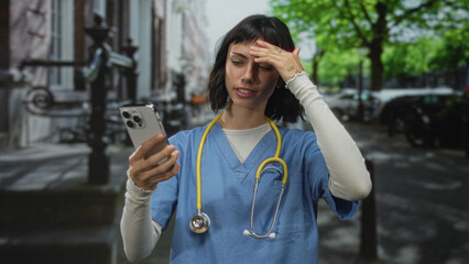 Fototapeta premium Woman nurse in blue scrubs holds smartphone and touches forehead at street; digital technology challenge stress.