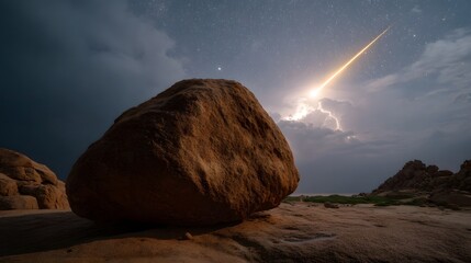 A dramatic meteor streaks across a starry night sky illuminating stormy clouds above a rocky desert landscape
