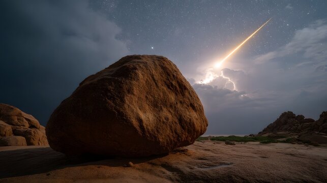 A dramatic meteor streaks across a starry night sky illuminating stormy clouds above a rocky desert landscape