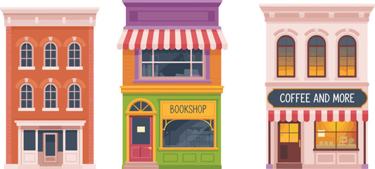 Vector illustration of three colorful storefronts including brick building, bookshop with striped awning, and coffee shop with arched windows