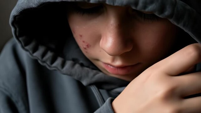 Teenager hiding face with hands due to skin problems. Young boy covering up acne on cheek, feeling insecure about pimples footage.