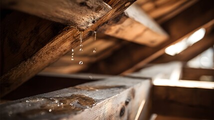 Water drips steadily from the rough wooden beams inside a structure's upper framework