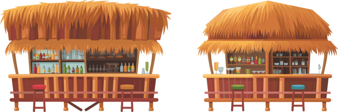 Vector illustration of two tropical tiki bars with thatched roofs, wooden counters, stools, liquor bottles, and beachside rustic design